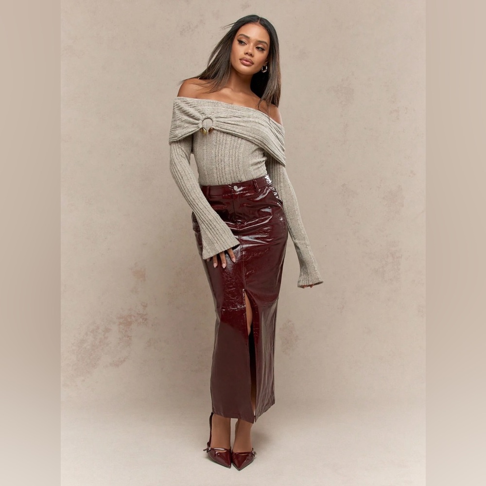 Missguided shiny black faux leather maxi skirt with front slit US Size 6